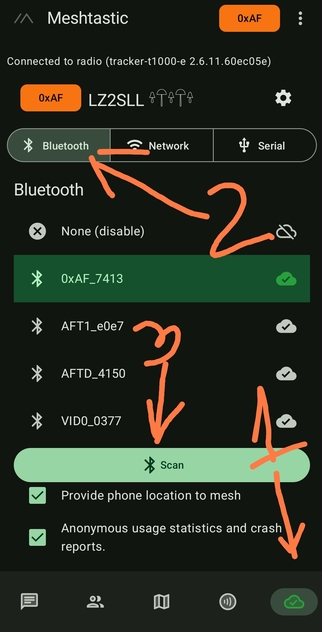 Екран за сканиране на Bluetooth устройства в Meshtastic