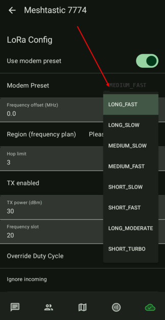Избор на MEDIUM_FAST в Modem Preset