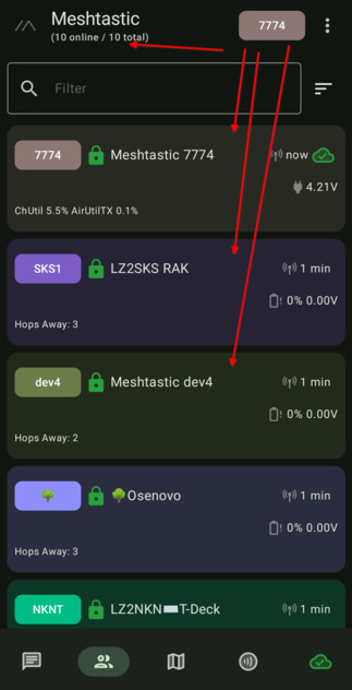 Екран със списък на наличните нодове