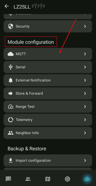 Екран за MQTT настройки в Module Configuration